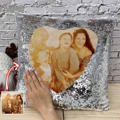 Oreiller photo à paillettes argentées personnalisé pour la famille