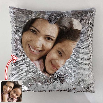 Oreiller photo personnalisé à paillettes argentées pour la fête des mères