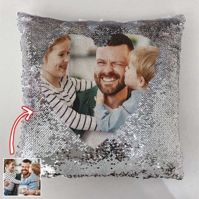 Oreiller photo personnalisé à paillettes argentées pour la fête des pères de papa